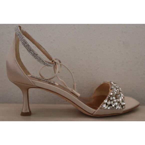 Badgley Mischka Women Sz 6.5 Nude Satin Blossom Ankle Tie Embellished Sandal - Picture 8 of 16